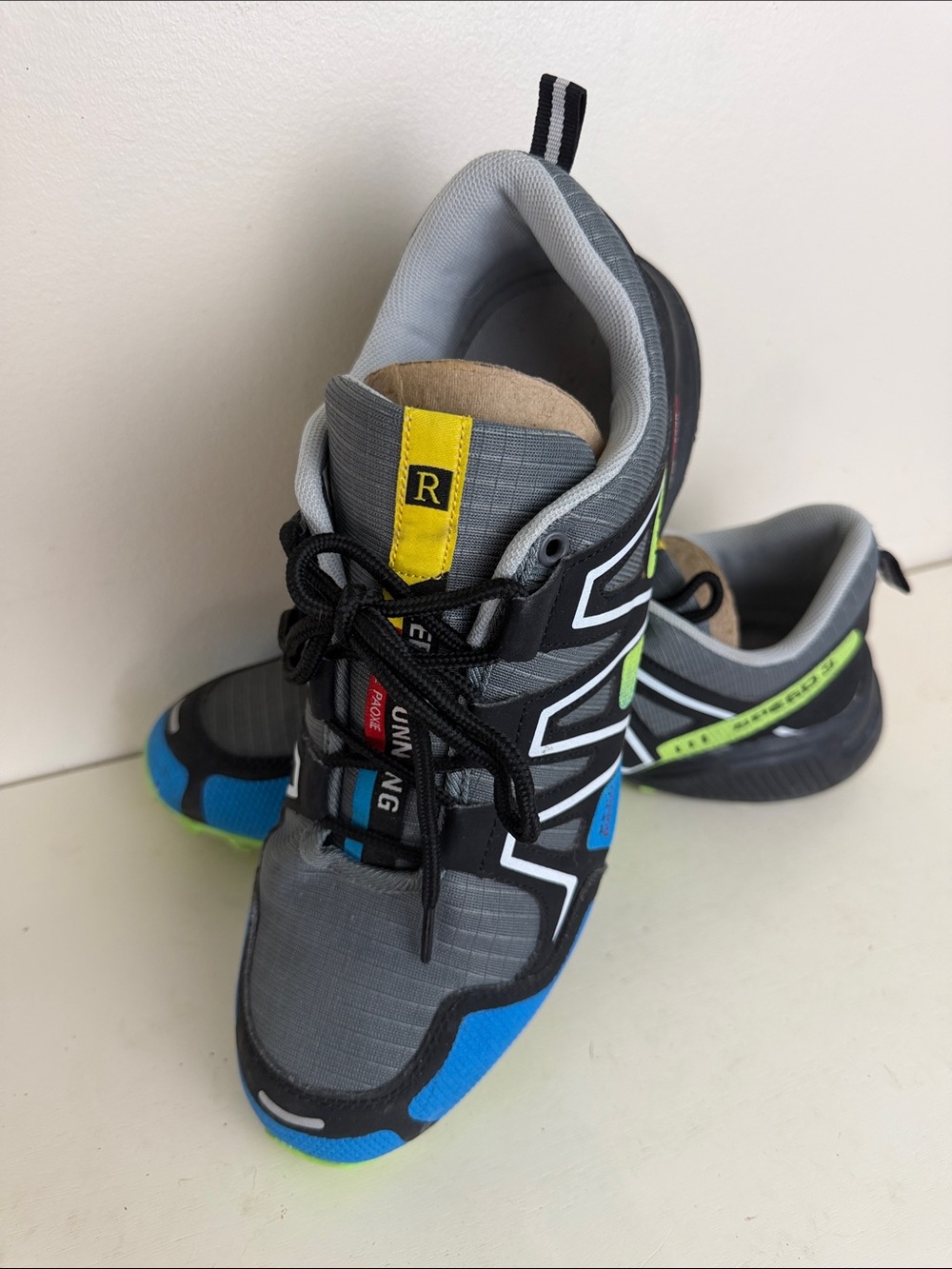 (2234) Men's Keep Running Speed 3 Running Shoes, Gray/Blue & Lime Accents, 9.5
